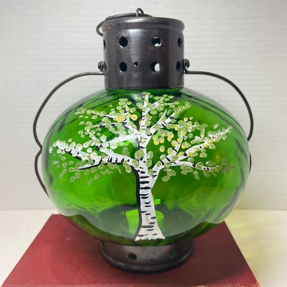 Hand-Painted Green Glass Lantern With Tree Design And Rustic Metal Top - Picture 5 of 10